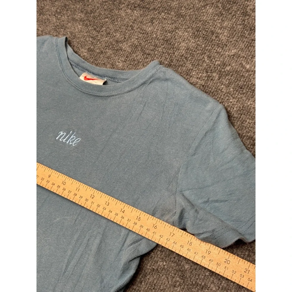 Vintage Nike Baby Tee Light Blue Ribbed Embroidered Script Logo Shirt Womens‎ M